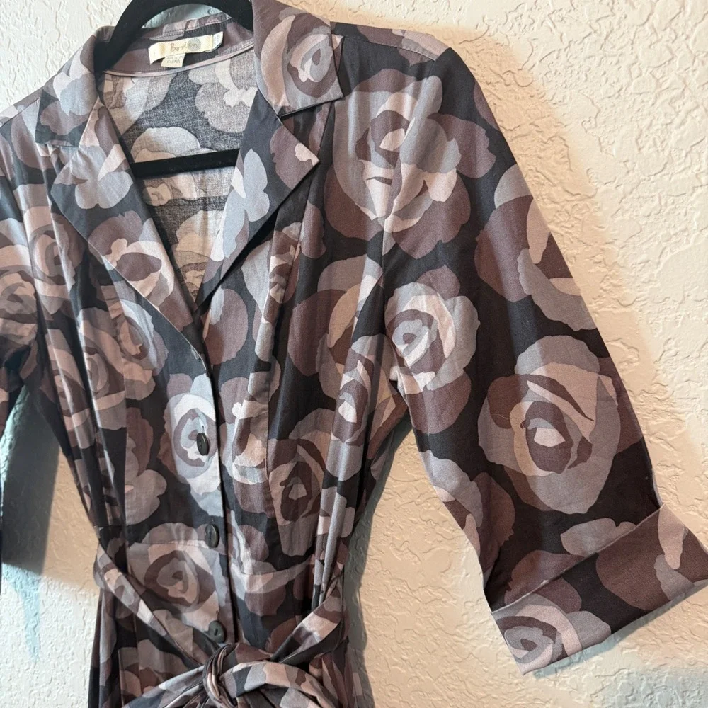 Boden Floral Cotton Shirt Dress 6P Dark Academia Retro Rose Print Grey